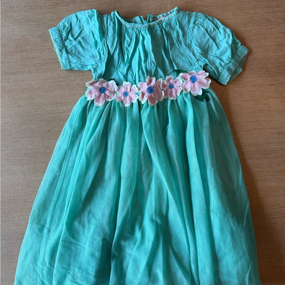 Mini Boden Turquoise Dress with Pink Floral Accents